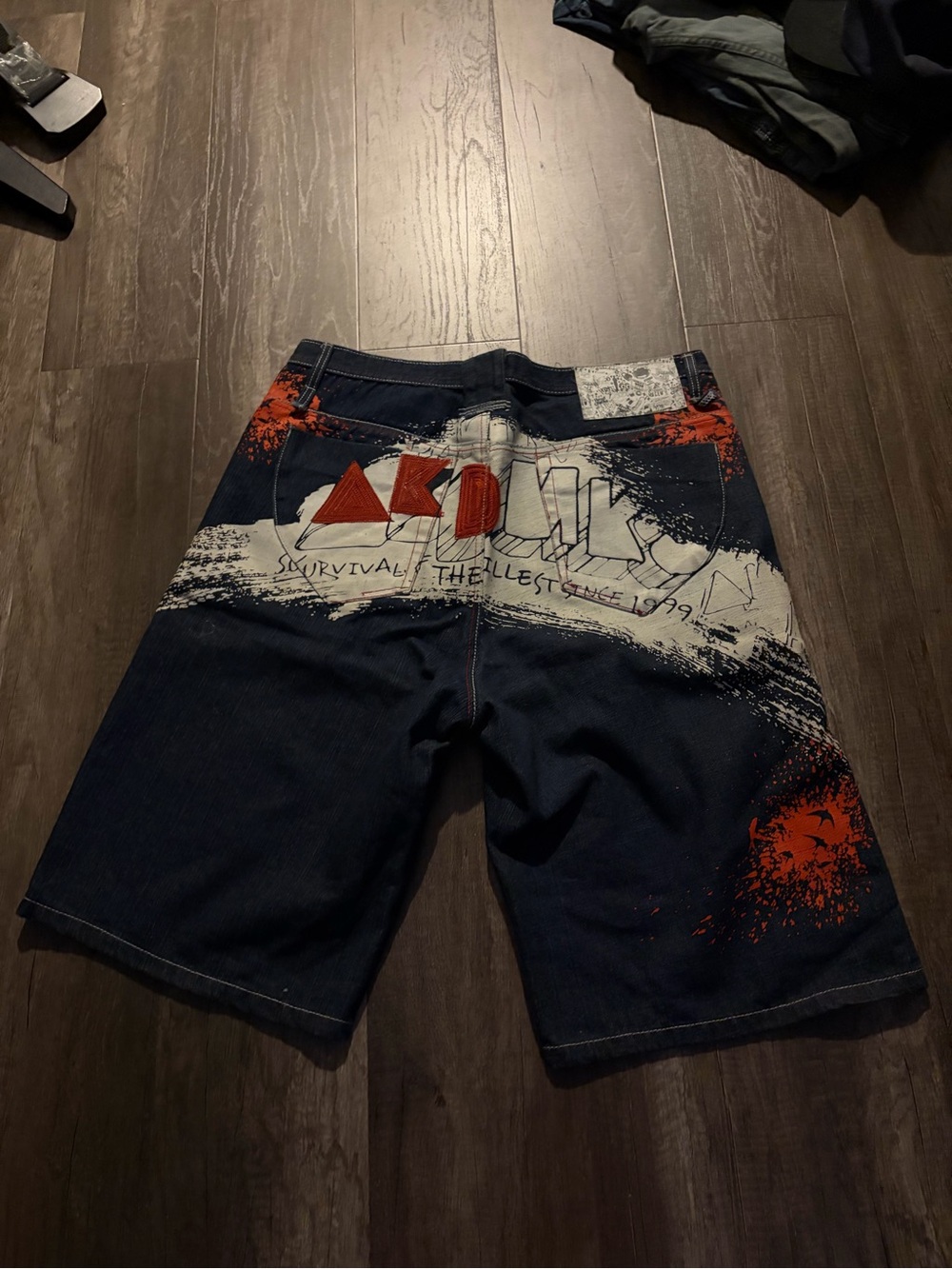 Akademiks Navy Denim Shorts with White and Red Graphics Size 38